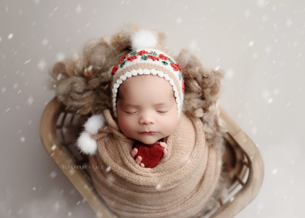 Christmas themed newborn photo session baby girl holding a heart